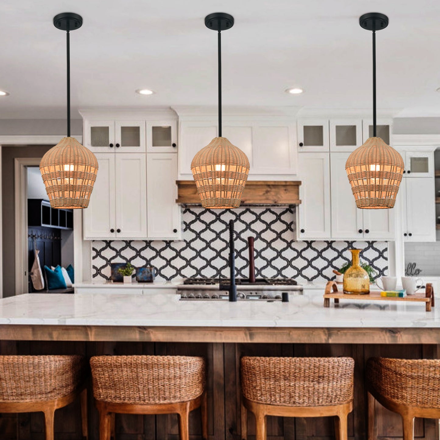 black rattan pendant light boho hanging light for kitchen island