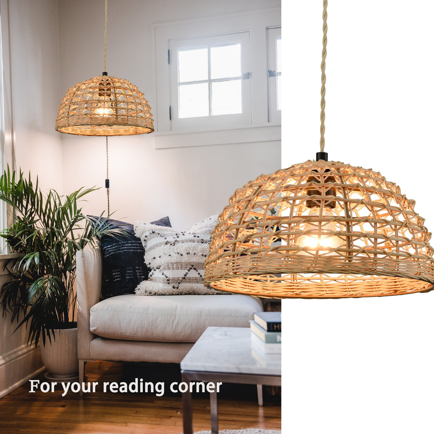 boho plug in pendant light rattan hanging light for reading nook