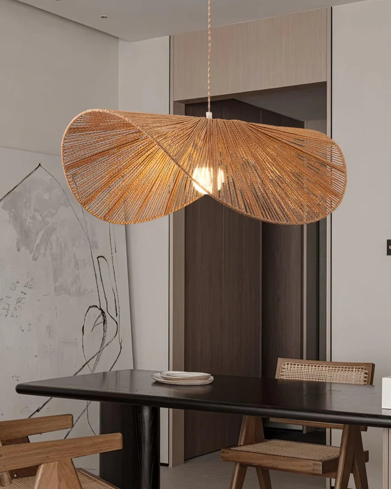 straw hat pendant light for library